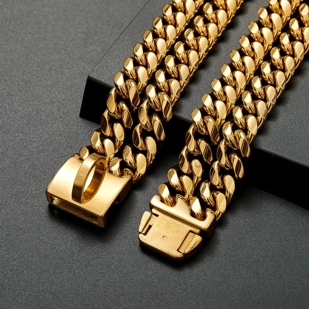 Strong Dog Double Chain Collar 2 Row Gold Cuban Link Stainless Steel Dog Training Collar Pet Metal Collar For Medium Large Dogs