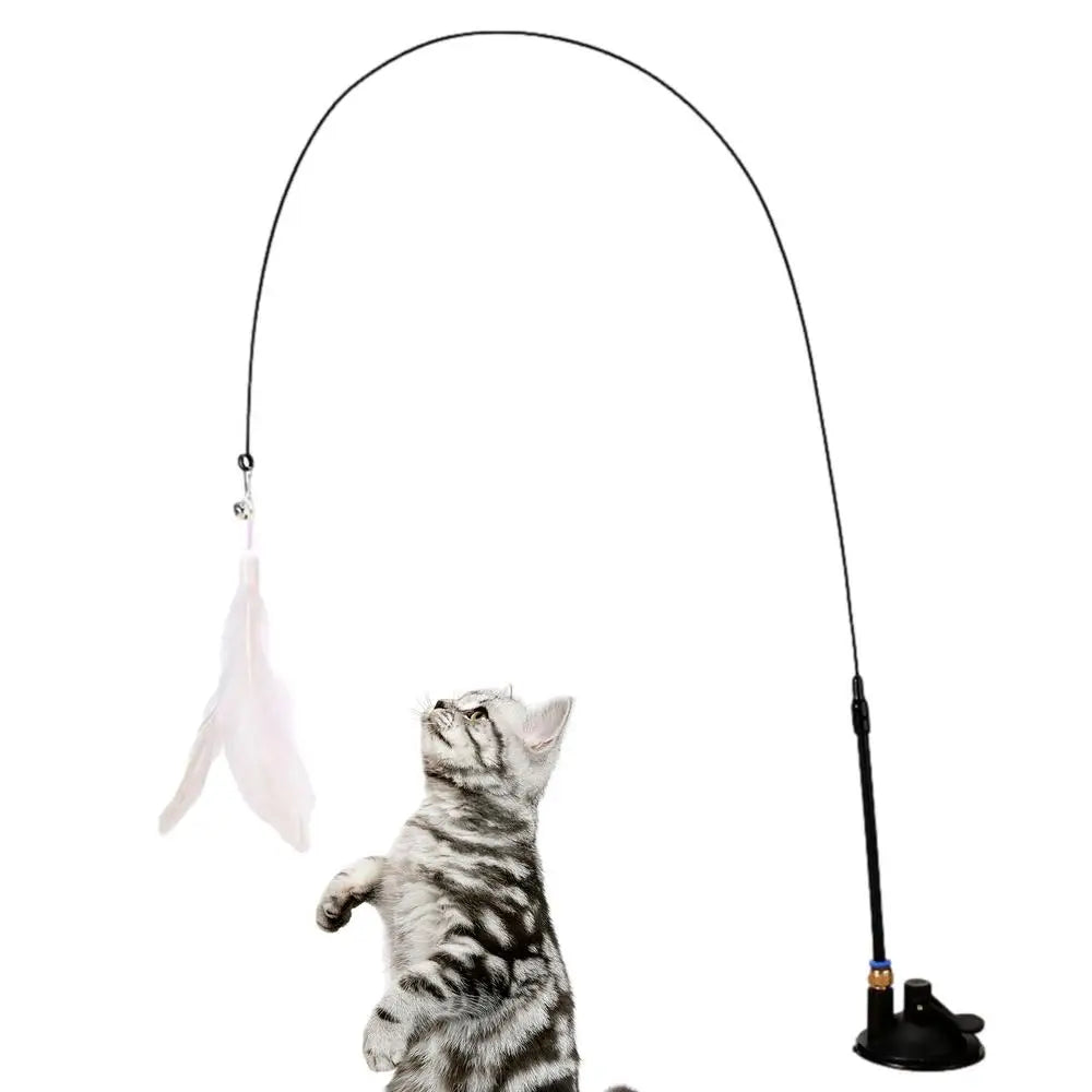 Cat Feather Wand Toy Cat Fishing Pole Toy Cat Teaser Stick With Detachable Feather Suction Cup Toy For Cats Exercise And