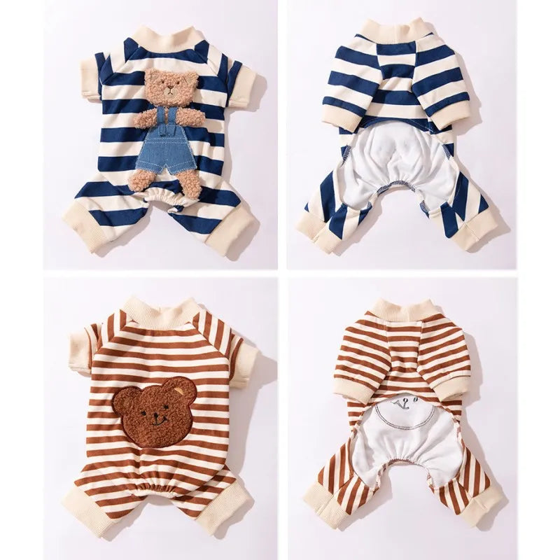 Thin Dog Clothes for Small Dogs Cute Bear Striped Dog Jumpsuit Pet Dog Coat Four Legs Dog Pajamas Kitten Puppy Sweatshirt Autumn