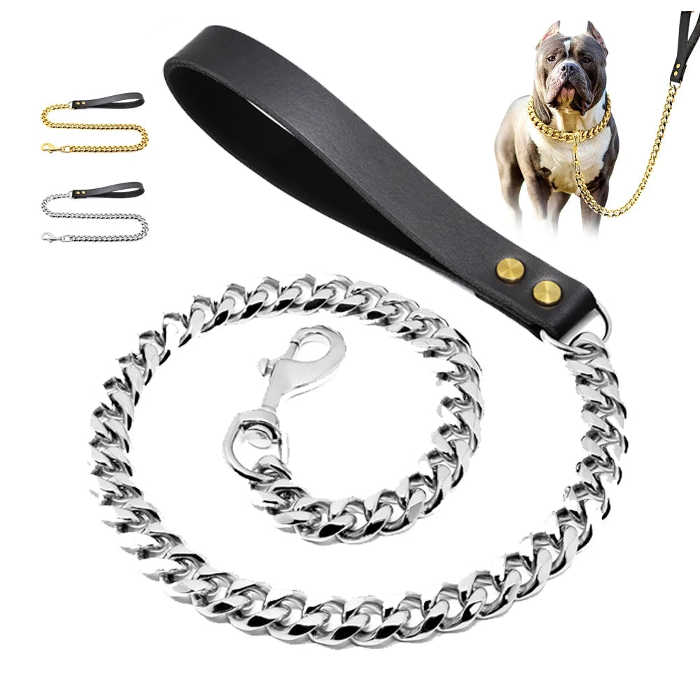 Stainless Steel Pet Gold Chain, Dog Leashes, Leather Handle, Portable Leash Rope, Straps, Puppy, Cat Training, Slip Collar Suppl