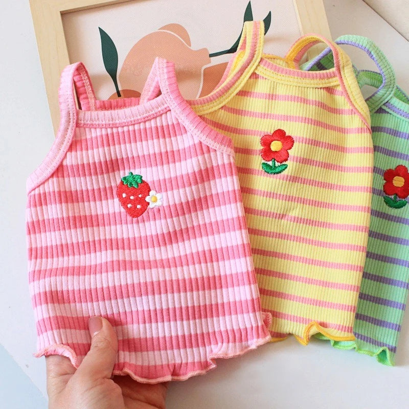 Flower Embroidery Pet Vest for Small Dogs Sweet Summer Striped Teddy Bear Cat Clothes Soft Cotton Designer Puppy Kitten T Shirt