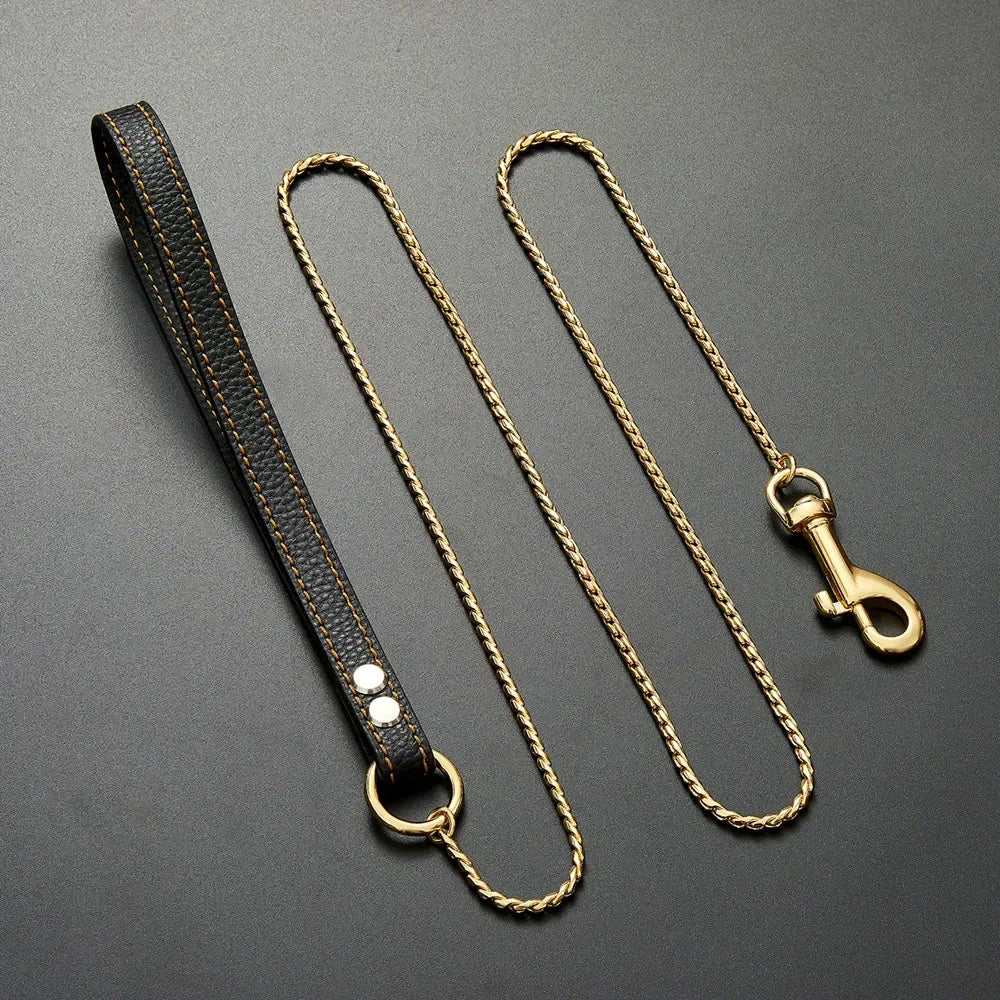 Dog Chain Leash for Dog Collar 18K Gold Sliver Cuban Link Anti-Bite Metal Strong Dog Leash for Walking Training Small Medium Dog