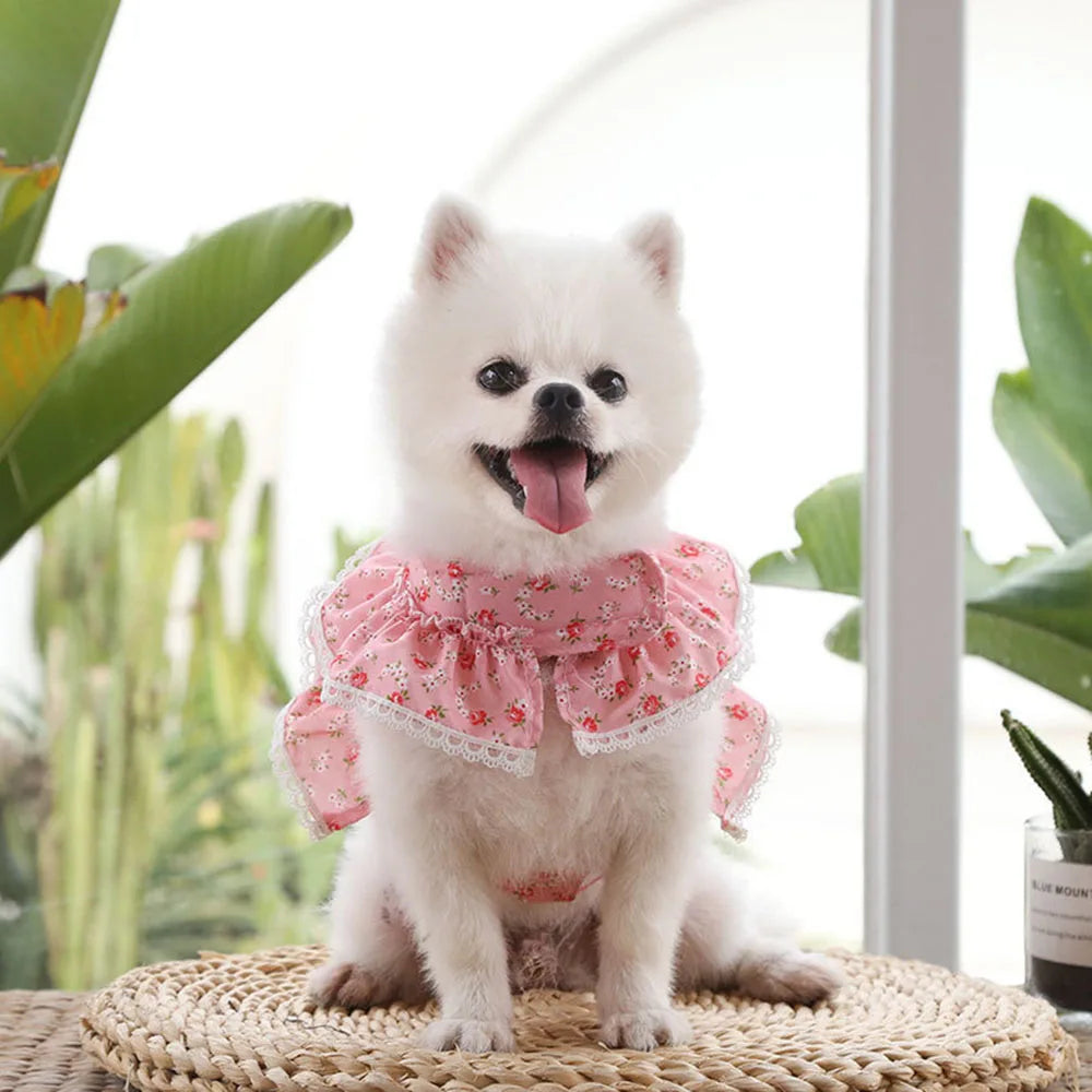 Pink Flower Puppy Harness Mesh Breathable Small Girl Dog Cat Vest Harness Cute Doggy Lace Dress Harness with Leash for Walking