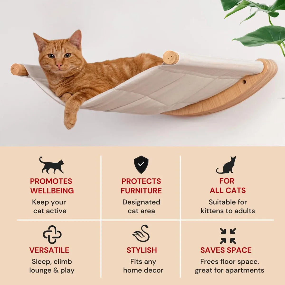 Cat Tree Tower Wooden Cat Climbing Shelves Cat Hammock Safe Perch Detachable & Easy-cleaning Wall Mounted Ladders Pet Furniture