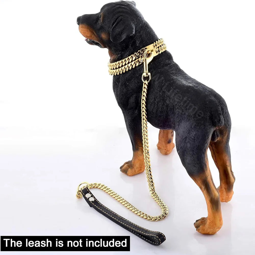 Strong Dog Double Chain Collar 2 Row Gold Cuban Link Stainless Steel Dog Training Collar Pet Metal Collar For Medium Large Dogs