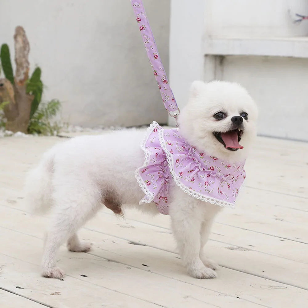 Pink Flower Puppy Harness Mesh Breathable Small Girl Dog Cat Vest Harness Cute Doggy Lace Dress Harness with Leash for Walking