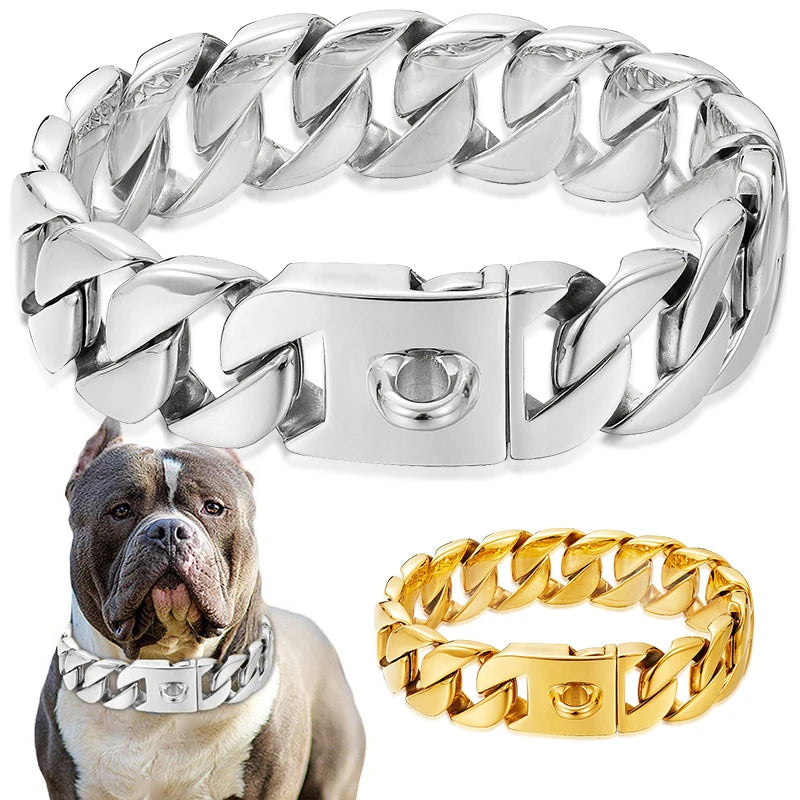 Strong 32mm Wide Gold Dog Chain Collars Heavy Stainless Steel Dogs Choker Pitbull Gold Dog Necklace For Large Huge Dogs