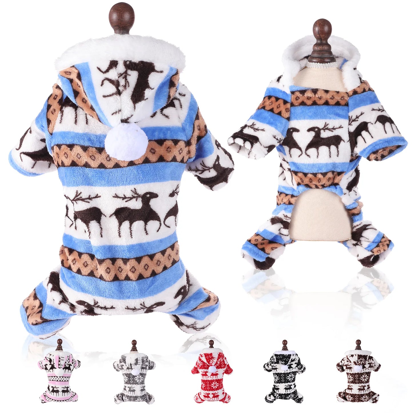 Thermal Coral Fleece Christmas Dog Pajamas Onesie for Small Medium Large Dogs, Reindeer Print Winter Dog Clothes Hooded Jumpsuit