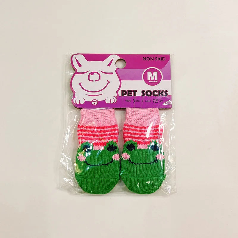 Outdoor Cartoon Shoes for Small Dogs 4pcs/Set Winter Cotton Knit Socks French Bulldog Foot Protector Anti-Slip Pet Accessories