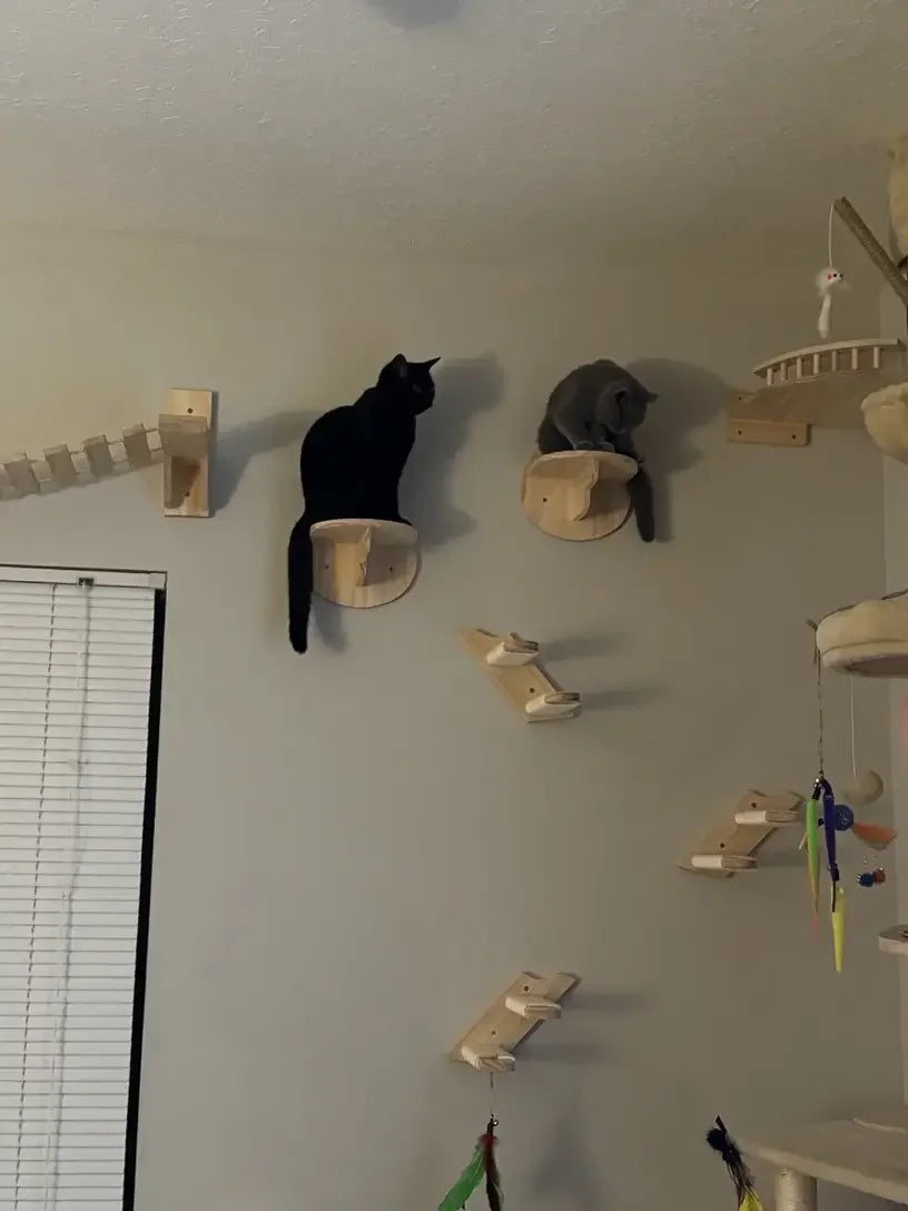 Solid Wood Wall Mounted Cat Tree Wooden Shelves Segment Ladders with Hammock and Cat House Cat Bridge for Kittens Perch Sleeping