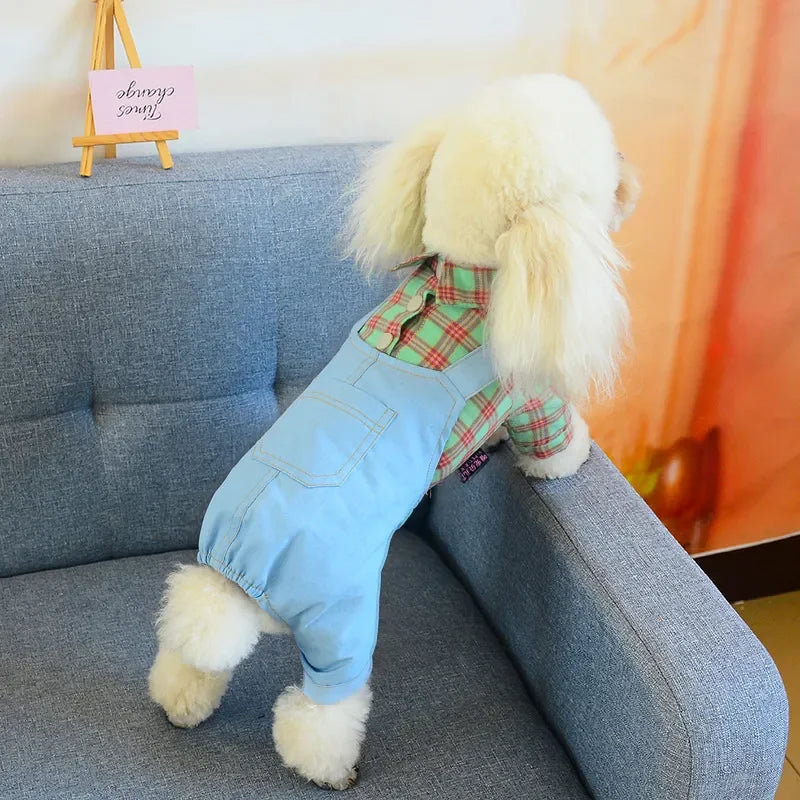 Dogs Clothes Jumpsuits Spring Autumn Denim Sling Plaid Pet T-Shirt Plaid Cat Dress Pet Puppy Skirt Teddy Puppy Clothes Small Dog