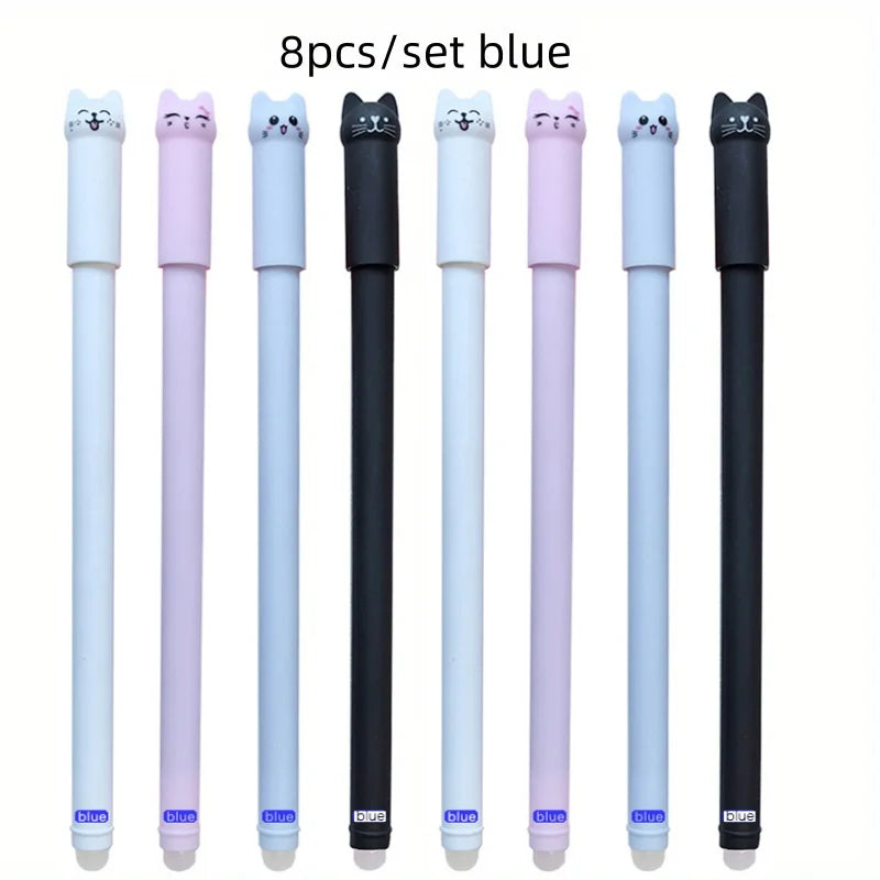 4/8/12pcs Creative Cat Erasable Gel Pens Set 0.5mm Washable Handle Magical Blue/Black Ink Erasable Refills Rod Writing Stationer
