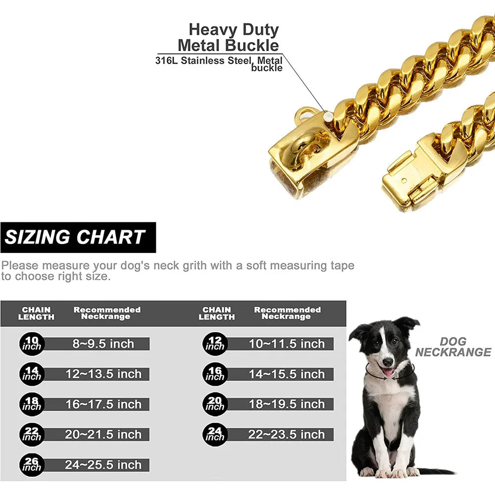 Gold Dog Chain Collar 15mm Stainless Steel Cuban Link Chain Strong Heavy Duty Chew Proof Dog Necklace with Buckle for Dogs