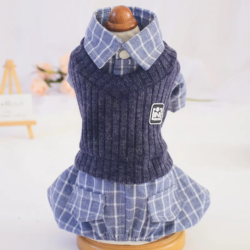 Thin Jumpsuits Dog Clothes Fake Two Piece Suit Spring Autumn Sportswear Knitted Sweater Vest & Shirt Fake Two-piecs Suit
