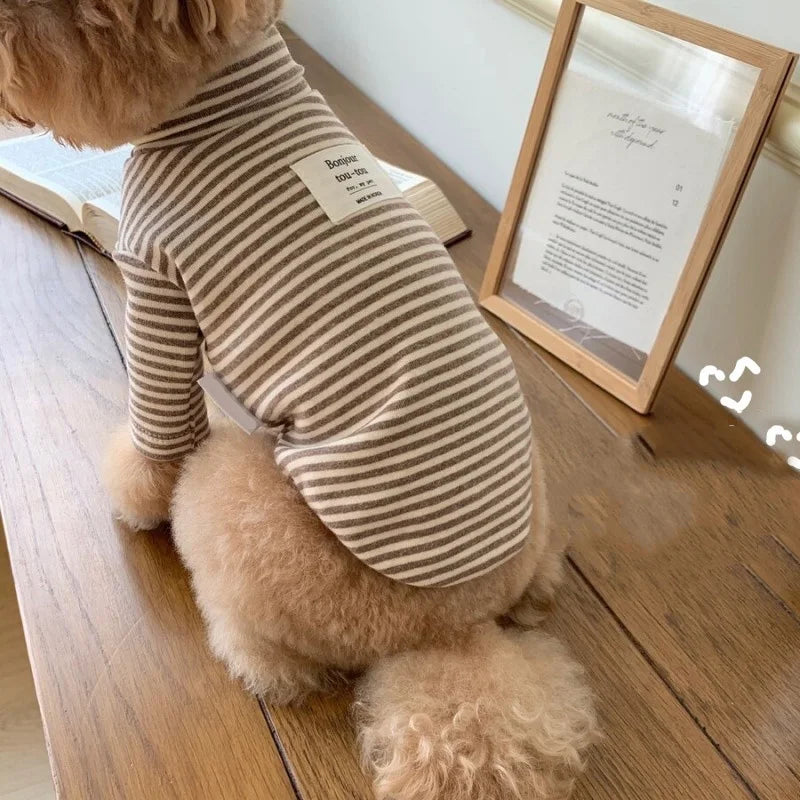 Coffee Strips Pet Dog Clothes for Chihuahua High Collar Autumn Warm Cat Sweatshirt Overalls Soft Velvet Cat Puppy Bottom T Shirt