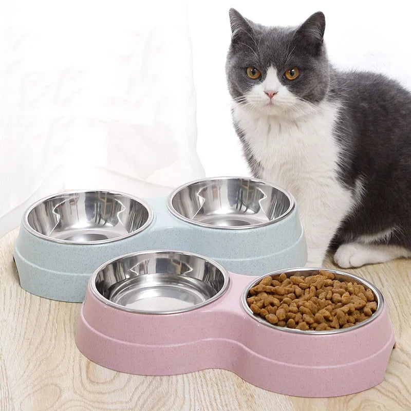 Pet Stainless Steel Bowls Double Puppy Dog Food and Water Bowls Set Cat Bowls Pet Feeder Dishes Dual Bowls for Small Dogs Cats