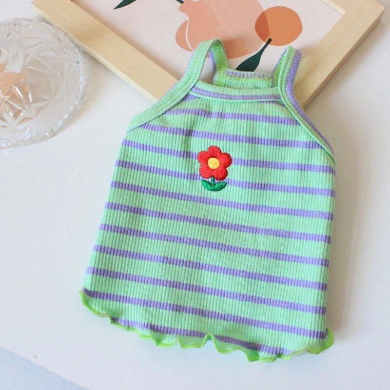 Flower Embroidery Pet Vest for Small Dogs Sweet Summer Striped Teddy Bear Cat Clothes Soft Cotton Designer Puppy Kitten T Shirt