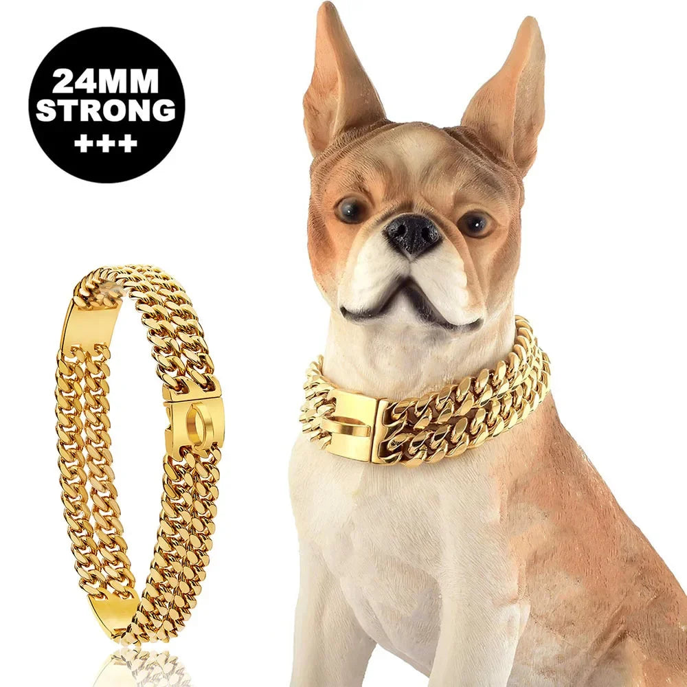 Strong Dog Double Chain Collar 2 Row Gold Cuban Link Stainless Steel Dog Training Collar Pet Metal Collar For Medium Large Dogs