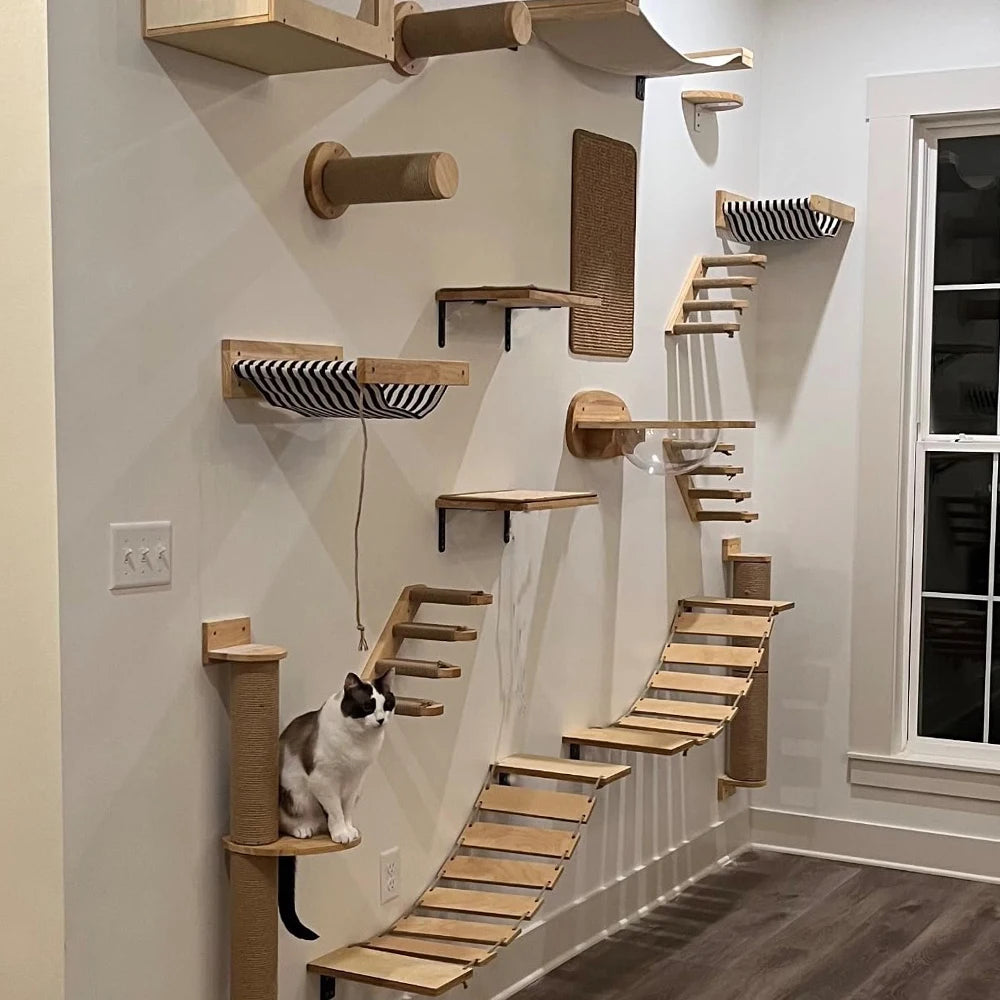 Cat Tree Cat Wall Mounted Climbing Wooden Shelves Sisal Ladder Cat Bridge Non-slip Step with Felt for Kittens Perch Sleeping