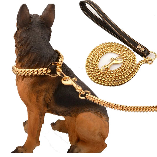 Stainless Steel Pet Gold Chain, Dog Leashes, Leather Handle, Portable Leash Rope, Straps, Puppy, Cat Training, Slip Collar Suppl