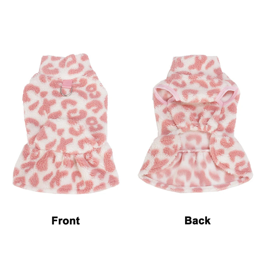 Leopard Dog Sweater Dress Fleece Puppy Dresses for Small Dogs Girl Cat Skirt Apparel Winter Warm Dog Clothes