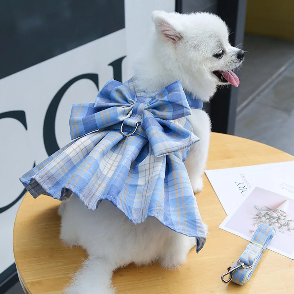 Puppy Dog Adjustable Harness Pet Plaid Skirt Cat Dog Vest Type Traction Clothes Small Dog Party Birthday Wedding Bowknot Dress