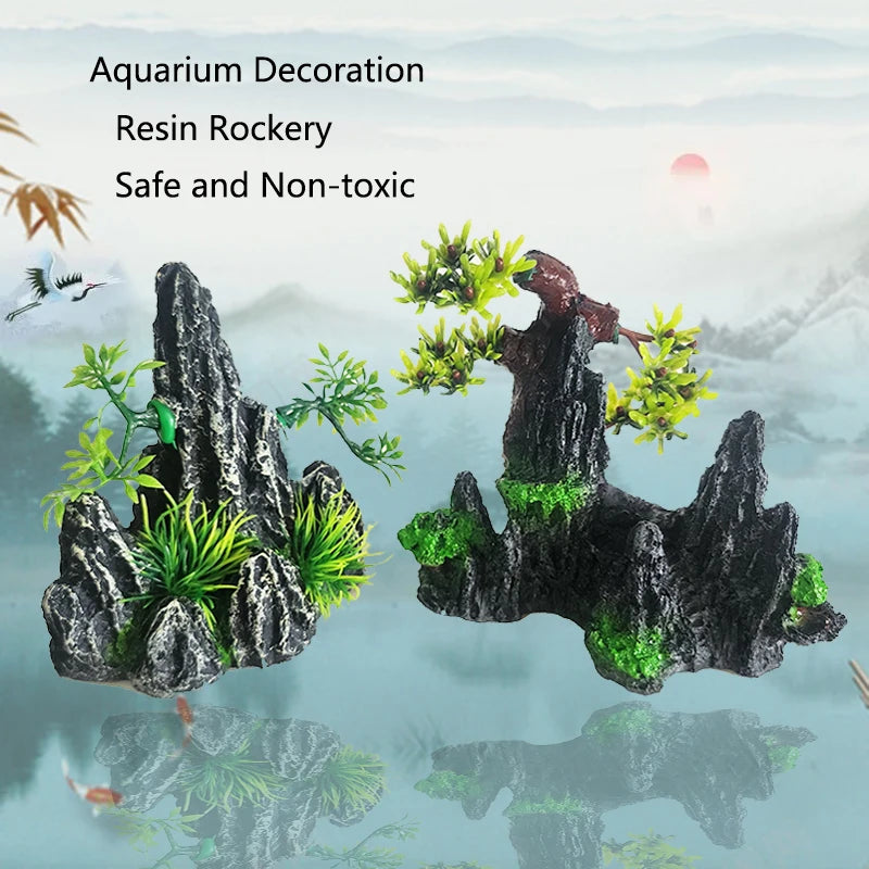 Resin Aquarium Rockery Mountain Decoration Artificial View Rock Cave Stone Tree Fish Tank Ornament Pet Supplies Home Decor