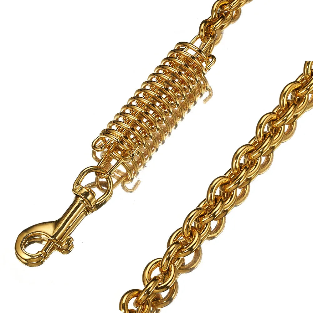Stainless Steel Dog Chain Leash Cuban Link Luxury Gold Chain Buffer Spring Labor-Saving Genuine Leather Handle for Large Dogs