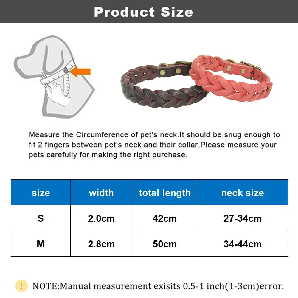 Braid Small Dog Collar Handmade from Thick Full Grain Leather Soft Durable Sturdy Material Belt Buckle Collar for Medium Breeds
