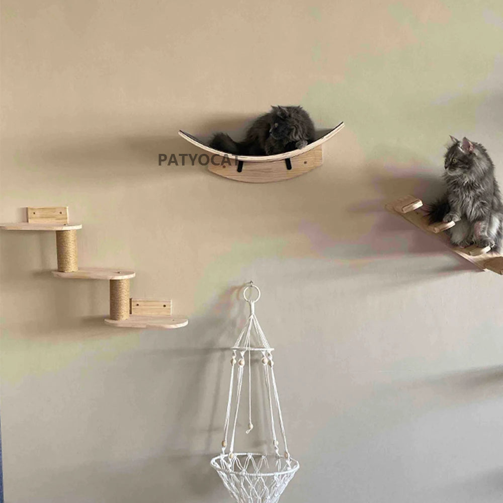 Cat Climbing Shelf Furniture Wall Mounted Cat Hammock and Wooden Stairway with Scratching Post for Cats Indoor Playing and Rest