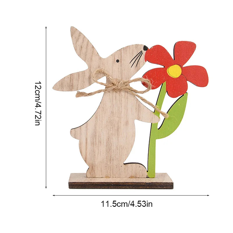 2025 Easter Wooden Rabbit Ornaments Standing Bunny with Flower for Spring Easter Party Home Table Decoration DIY Crafts Supplies