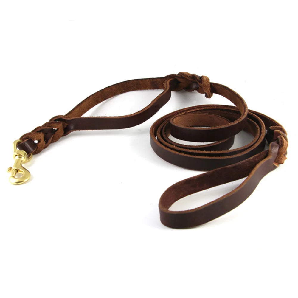 Braided Leather Dog Leash with Traffic Handle Two Handles Leather Dog Leash Leads for Training Bulldog Pit-bull Pet Dog Supplies