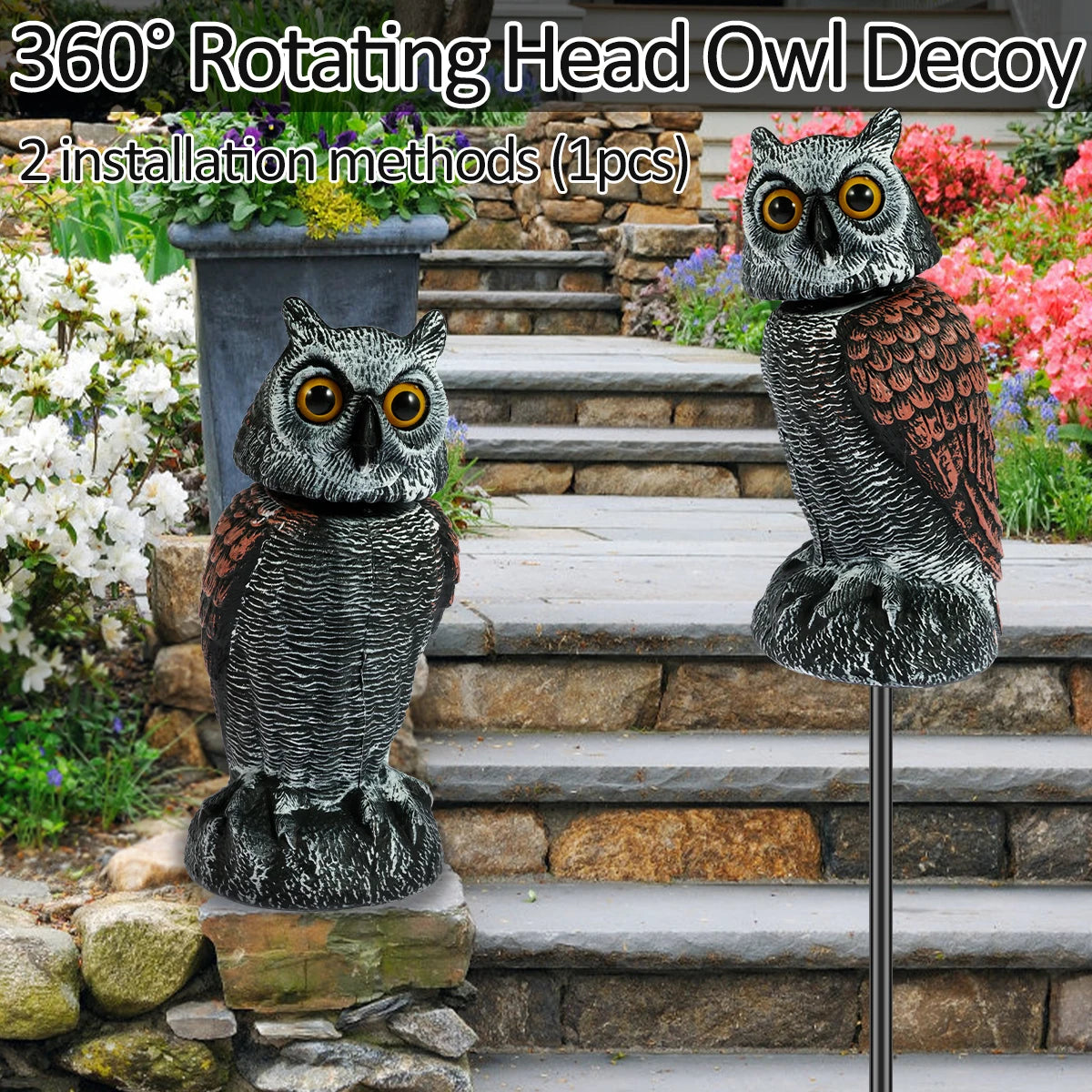 Owl Scare Bird Control Devices with 360° Swivel Head Waterproof Fake Owl Scarecrow Decoy Lifelike Simulation Owl Bird Deterrent