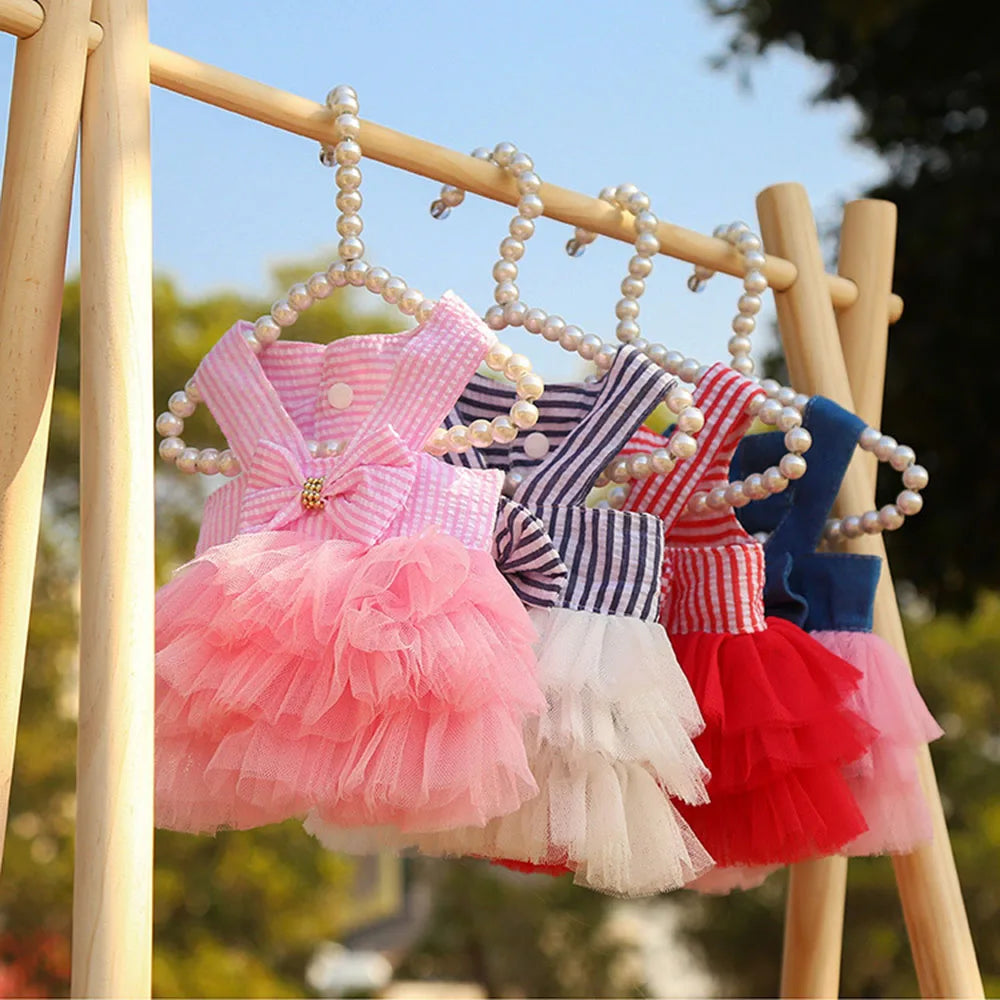 Summer Dog Dress Veil Clothes Universal Dogs Dress Chihuahua Stripe Tulle Skirt Cute Puppy Pet Cat Princess Costume Dog Apparel