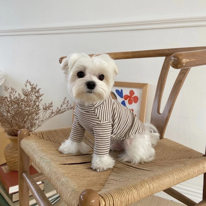 Coffee Strips Pet Dog Clothes for Chihuahua High Collar Autumn Warm Cat Sweatshirt Overalls Soft Velvet Cat Puppy Bottom T Shirt