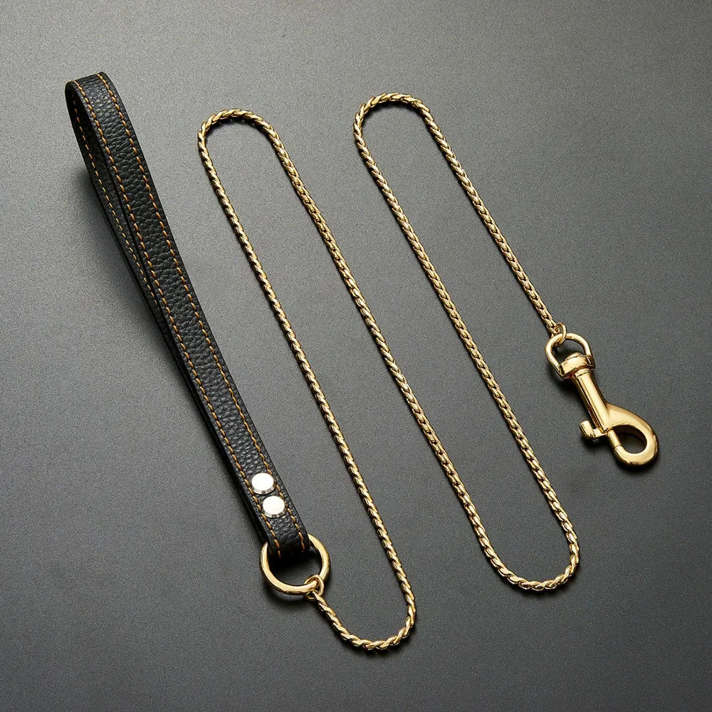 Dog Chain Leash for Dog Collar 18K Gold Sliver Cuban Link Anti-Bite Metal Strong Dog Leash for Walking Training Small Medium Dog