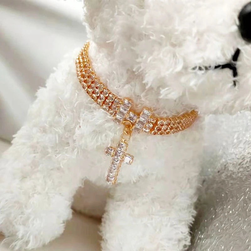AAA Zircon Cross Cat Accessories Pet Necklace Adjustable Rose Gold Collar for Small Medium Puppy All Season Birthday Neck Gear