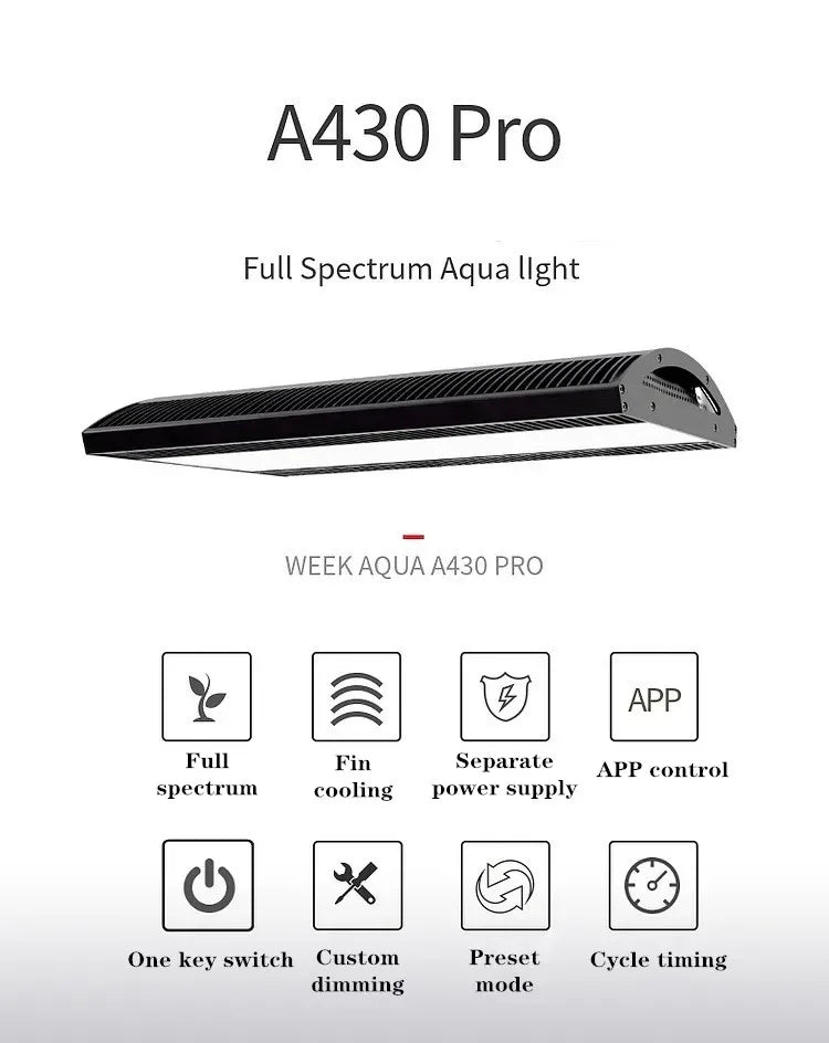 WEEK AQUA A430 Pro Full Spectrum Aquarium Led Light Fish Tank Aquatic Plants Light with APP Bluetooth Controller and Shade Plate