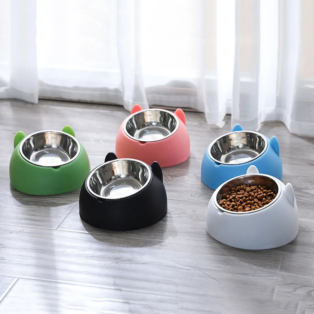 Cat Dog Bowls 15 Degrees Raised Stainless Steel Cat Bowl Safeguard Neck Puppy Pet Feeder Non-slip Crash Elevated Cat Food Bowl