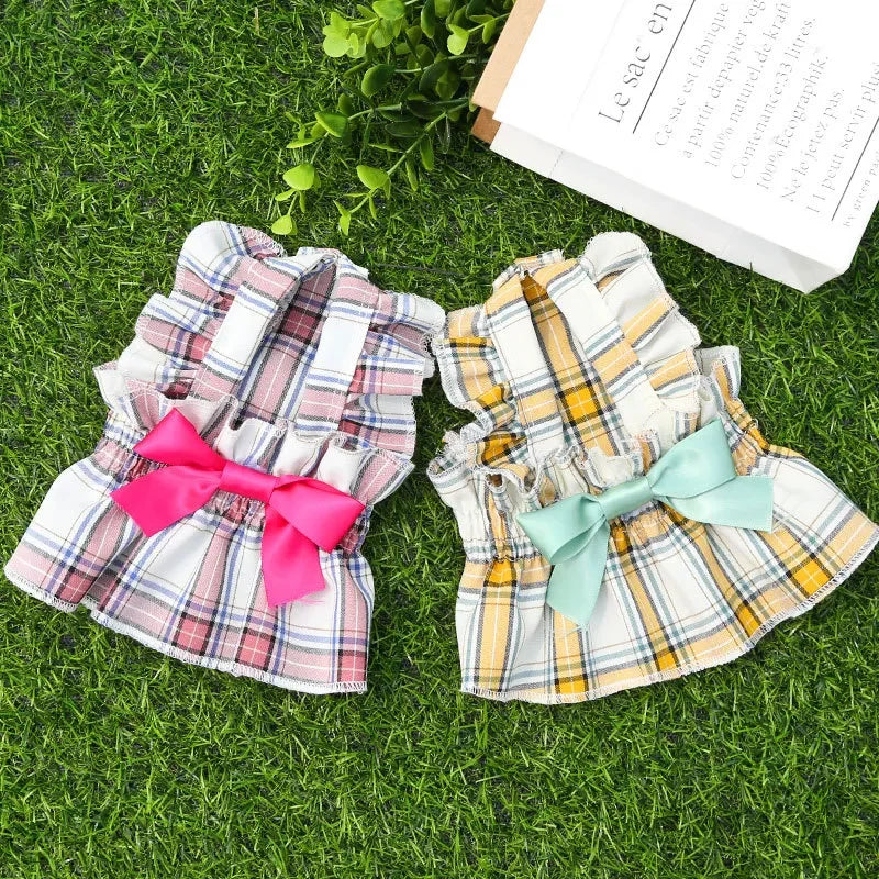 Plaid Dog Dress Cute Princess Dresses Cat Plaid Vest Small and Medium-sized Pet Clothing Classical Style Printed Pattern Clothes