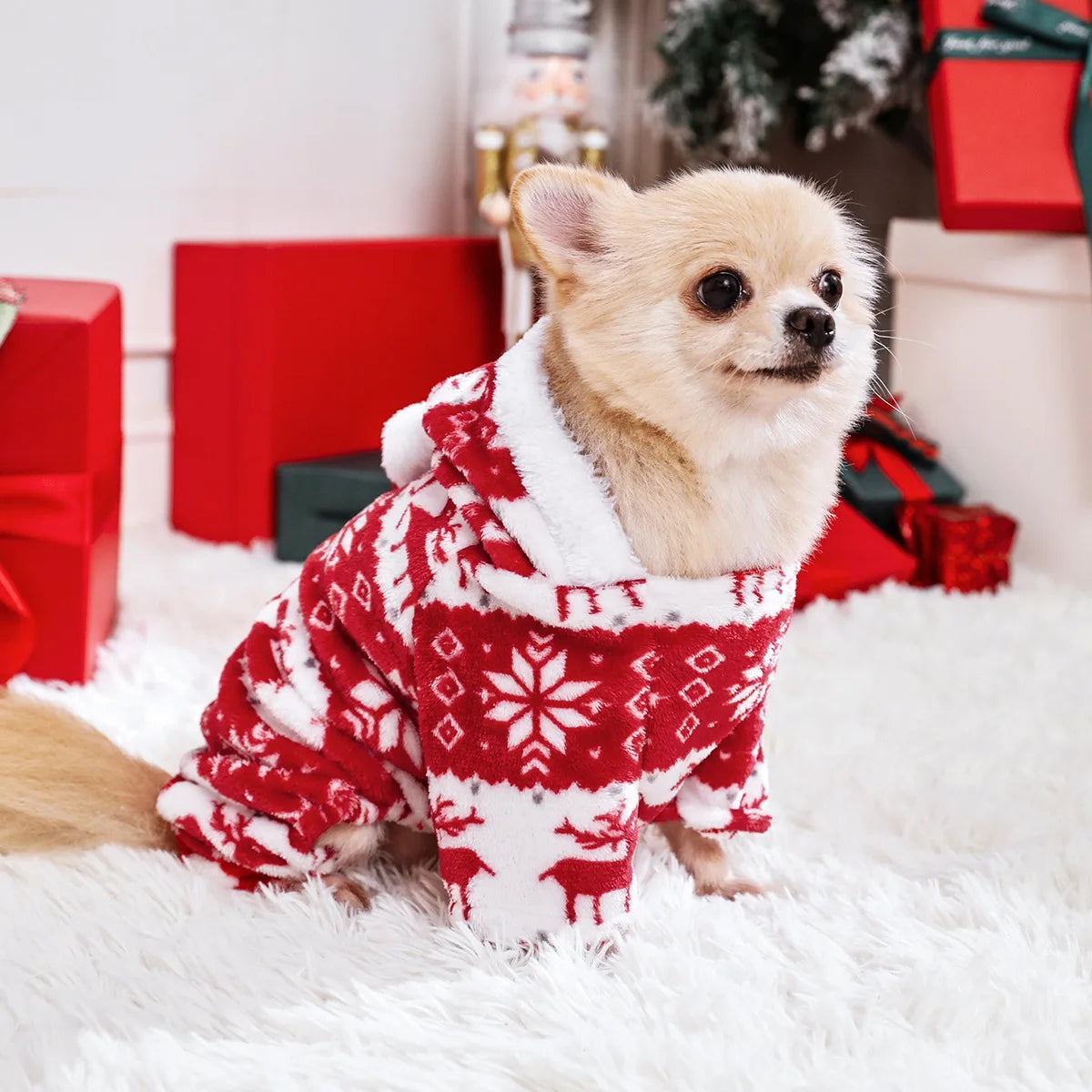 Thermal Coral Fleece Christmas Dog Pajamas Onesie for Small Medium Large Dogs, Reindeer Print Winter Dog Clothes Hooded Jumpsuit