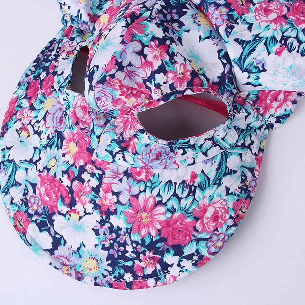 Dog Hat with Ear Holes for Outdoor Sun Protection Floral Dog Cap Female Summer Pet Visor Sunbonnet Adjustable for Girl Puppies