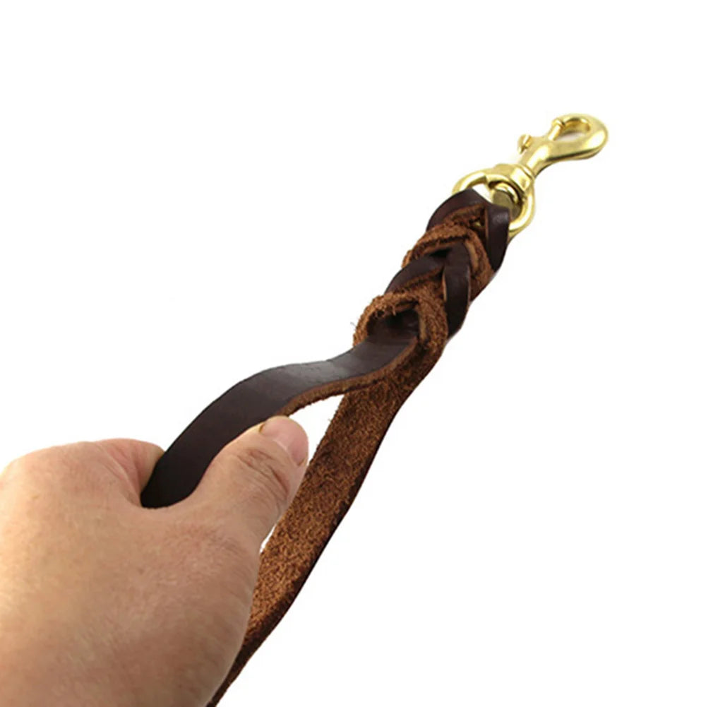 Braided Leather Dog Leash with Traffic Handle Two Handles Leather Dog Leash Leads for Training Bulldog Pit-bull Pet Dog Supplies