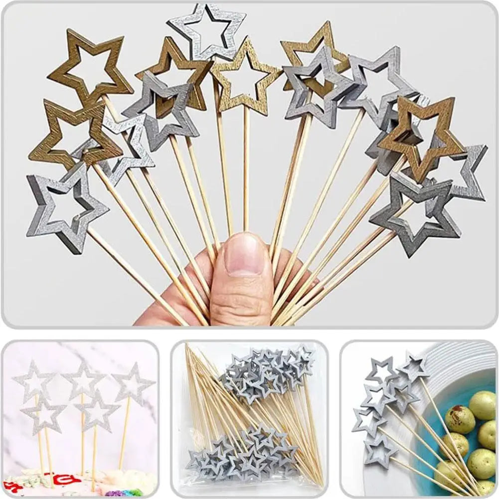 50Pcs Hollow Star Bamboo Skewers Disposable Insert Cocktail Fruit Toothpick Stick Christmas Picks Party Buffet Decor X1J5