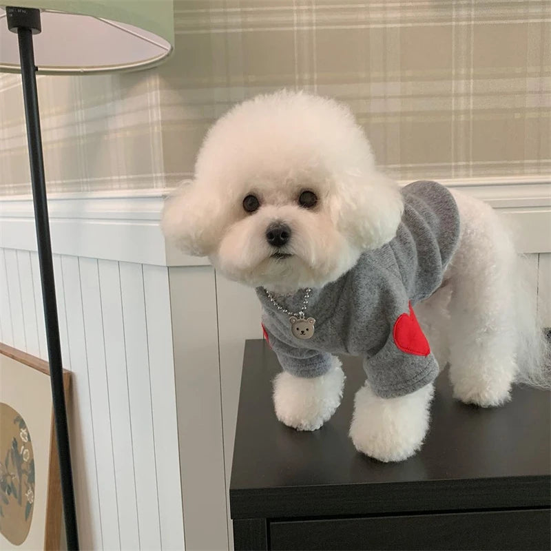Autumn Winter Plush Pet Dog Clothes Heart Print Soft Velvet Cat Hoodie Teddy Pet Overalls Thick Warm Yorkshire Marzis Clothing