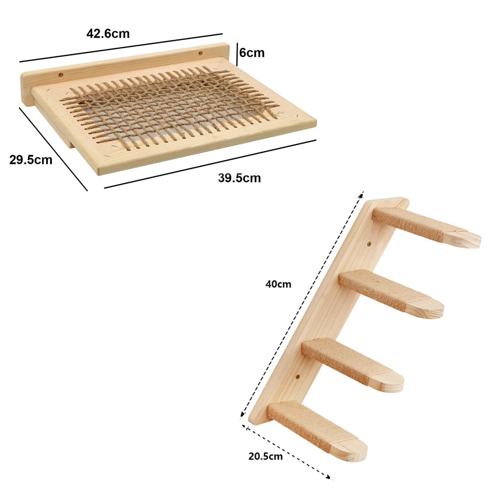 Cat Wall Mounted Solid Wooden Furniture Climbing Ladder and Cat Hammock with Scratching Post for Activity Indoor Cats Perches