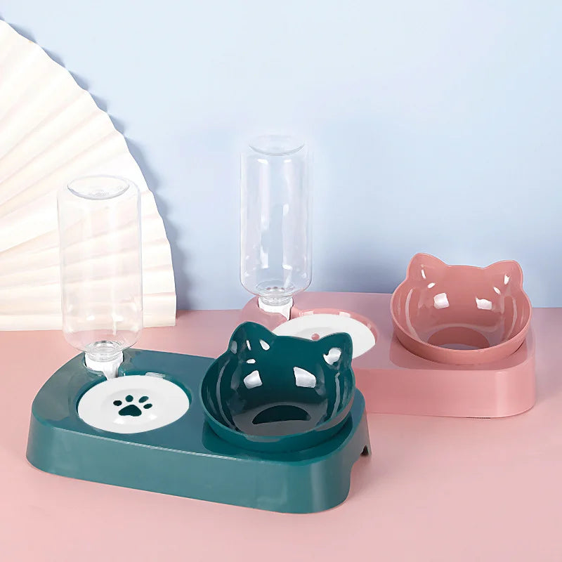 Pet Cat Bowl Automatic Feeder Water Dispenser Dog Cat Food Bowl with Drinking Raised Stand Double Dish Bowls for Cats Dogs Pet