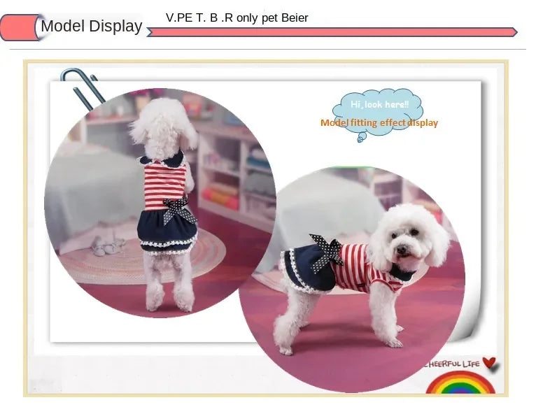 Puppy Dog Pet Stripe Costume Princess Dress Lace Pleated Lapel Stripe Bownot Princess Dress Denim Skirt XS-L Pet Supplies