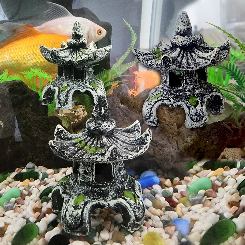 Resin Artificial Fish Tank Ancient Pavilion Decoration Aquarium Rock Cave Building Decoration Aquatic Landscaping Ornament Decor