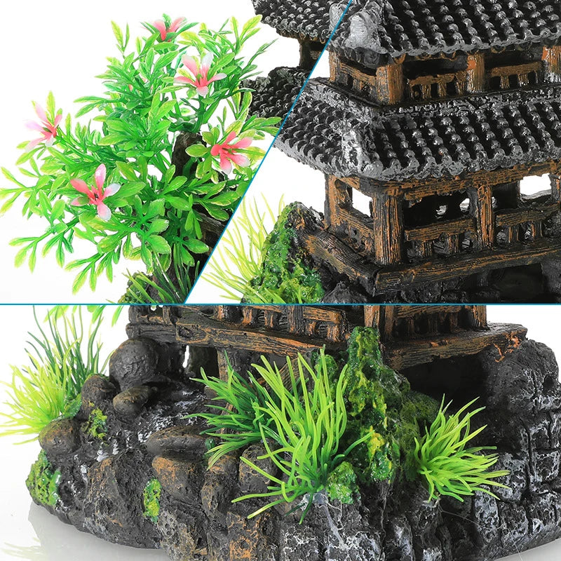 Resin Aquarium Decoration Simulated Attic Pavilion Artificial House View Rock CaveTree Fish Tank Ornament Pet Supplies Home Deco